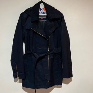 Lightly Used Vince Camuto Navy Blue Jacket with Hood and Belt.